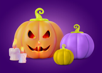 3d Happy Halloween Concept Cartoon Design Style. Vector illustration of Pumpkin with Cut Scary Smile and Candles