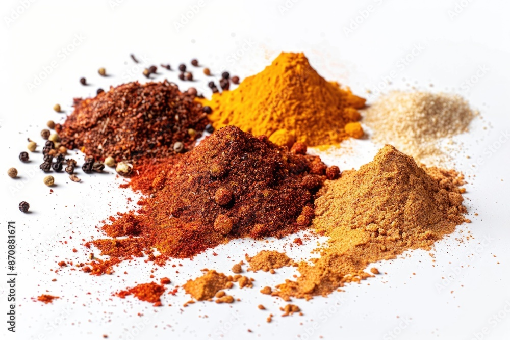Poster a selection of different spices arranged on a clean white surface for display or measurement