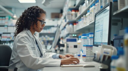 Diligent Pharmacist Ensuring Patient Safety with Careful Medication Handling and Detailed Records in Clean Pharmacy Environment
