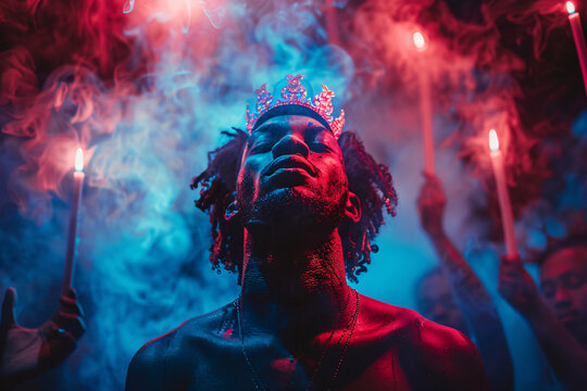 Narcissist concept, a handsome young man wearing a crown