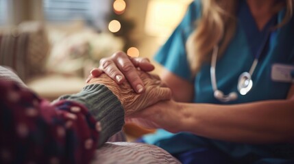 Compassionate Nurse Providing Care to Senior Patient in a Cozy Home Environment with Medical Equipment in Background