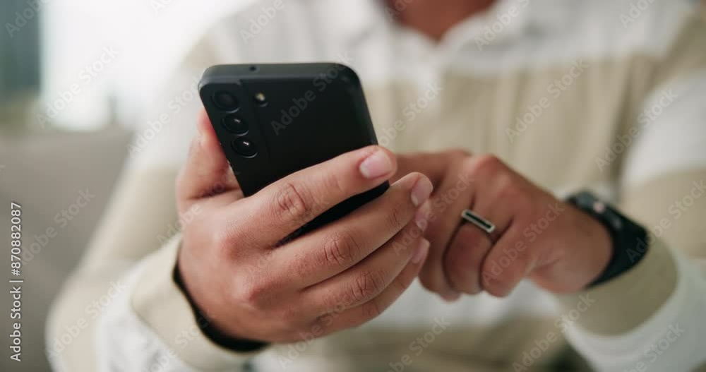 Poster man, hands and phone to scroll on website in home, research and social network for communication. ma