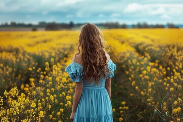 Fototapeta premium A woman stands amidst a vibrant field of yellow flowers, with the sun shining down on her