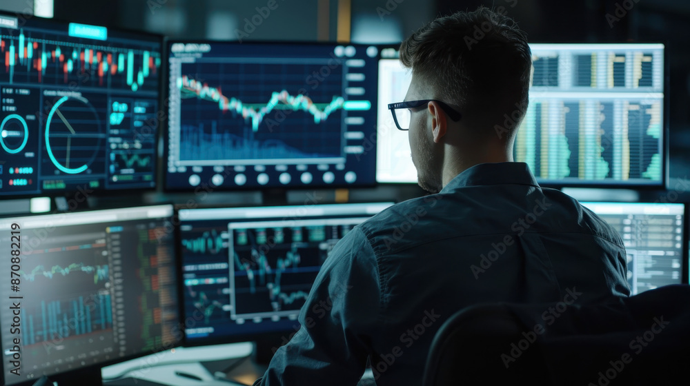 Poster man analyzing financial data on multiple computer screens in a dark office