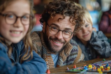 Fototapeta premium Smiling Father and Children Enjoying a Board Game Together