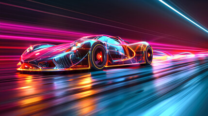 Fototapeta premium A neon-lit futuristic racing car speeding through a vibrant, high-tech environment