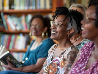Group of Women Enjoying a Book Club Meeting in a Library