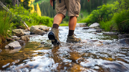 Solo backpacker crossing a shallow stream in the mountains wearing heavy-duty hiking shoes and carrying camping equipment.