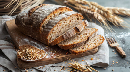 A slice of freshly baked homemade bread on a table, symbolizing the concept of a balanced and nutritious diet.