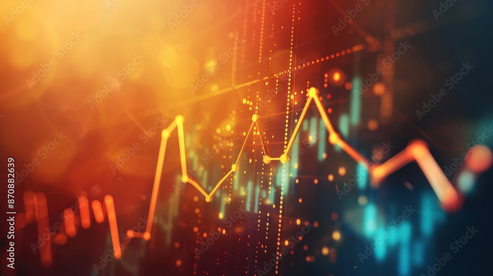 Poster abstract financial data graph with colorful fluctuating lines, glowing points, and digital stock mar
