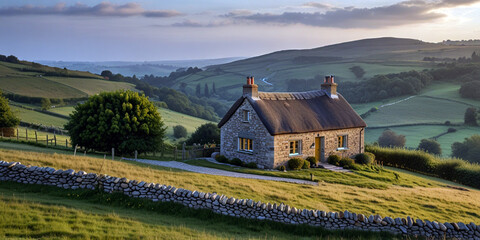 Perched atop a lush green hill, a homely quaint cottage stands basking in the warmth of the setting sun.