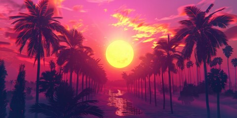 A serene image of palm trees silhouetted against a vibrant orange and pink sunset sky
