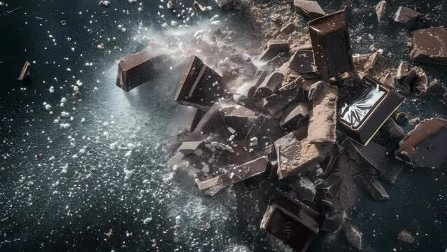 Pieces of dark chocolate shatter dramatically, sending fragments and cocoa dust flying against a dark background. The shot captures the explosive motion, showcasing the rich texture and vibrant