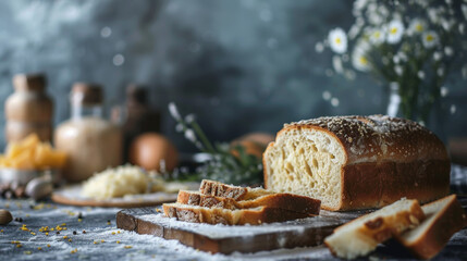 A slice of freshly baked homemade bread on a table, symbolizing the concept of a balanced and nutritious diet.