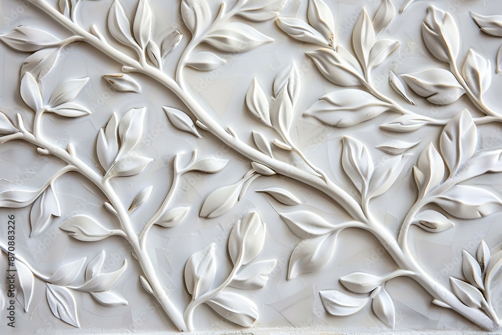 Poster a closeup of the relief pattern on white ceramic tile, featuring an intricate design with leaves and
