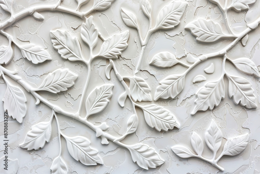 Poster a closeup of the relief pattern on white ceramic tile, featuring an intricate design with leaves and