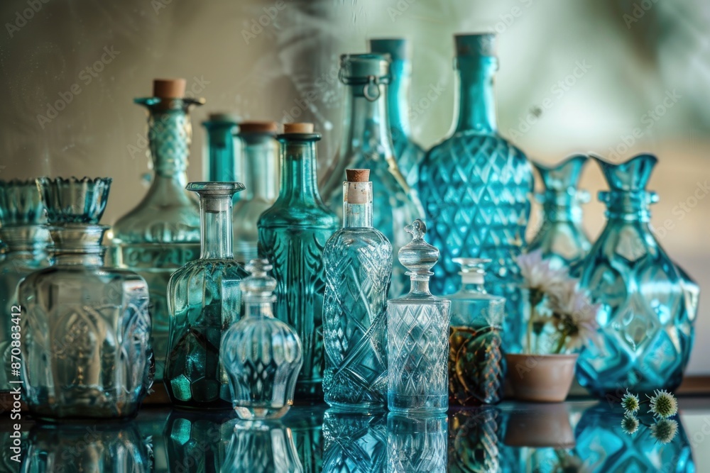 Poster a collection of glass bottles placed on a table surface, with varying shapes and sizes