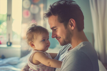 Fototapeta premium A young father holding his 4-month-old baby daughter in his arms. Happy family. Father's Day.