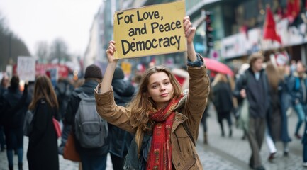 A group of anti-war protesters walks down the street. A peaceful anti-war protest. On the cardboard that the young woman carries in her hand, it says democracy for love and peace..