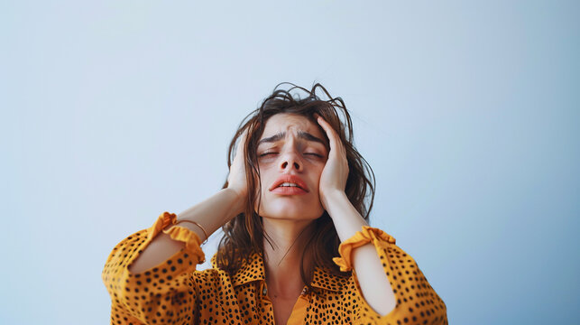 Joven mujer con las manos en la cabeza y expresi&oacute;n de dolor y estr&eacute;s. Perfecta para ilustrar temas de salud mental, migra&ntilde;as, ansiedad y emociones negativas