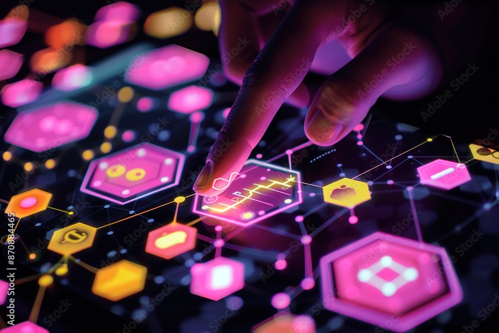 Poster a hand touching the screen of an iphone, with various pink and yellow app icons floating around it o