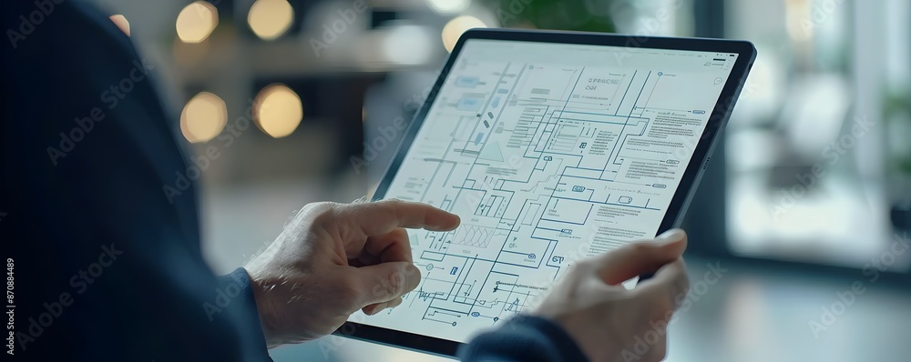Poster business analyst reviewing complex flowchart on digital tablet business and work concept