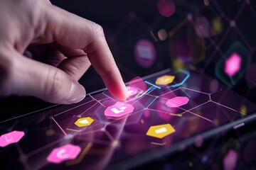 A hand touching the screen of an iPhone, with various pink and yellow app icons floating around it on black background, surrounded by hexagons of white light. The focus is sharp on one finger