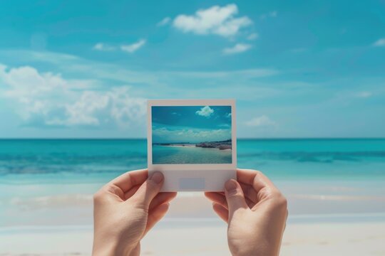 A person holding a polaroid camera with a developed photo, on a sunny beach