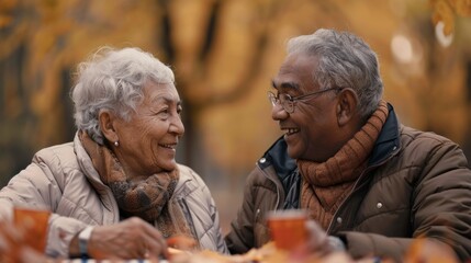 Multiracial Senior Couple Enjoying Warm Autumn Moment Together in Park. Generative ai
