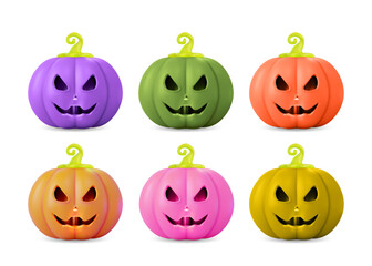 3d Pumpkin with Cut Scary Smile Set Halloween Concept Cartoon Design Style. Vector illustration of Color Pumpkins