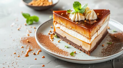 Caramel cake, mousse dessert on a plate