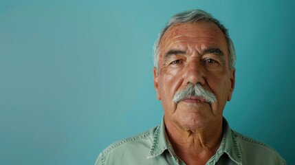 Fototapeta premium Portrait of Senior Man with Mustache, Serious Expression, Casual Shirt, Studio Shot, Professional Photography, Close-up, Light Blue Background