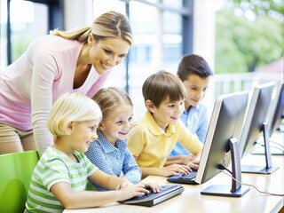 A cheerful teacher assists a diverse group of young students engaged on computers in a bright classroom setting, fostering a supportive educational environment.