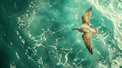 Seagull soaring over turquoise sea with foamy waves captured from above