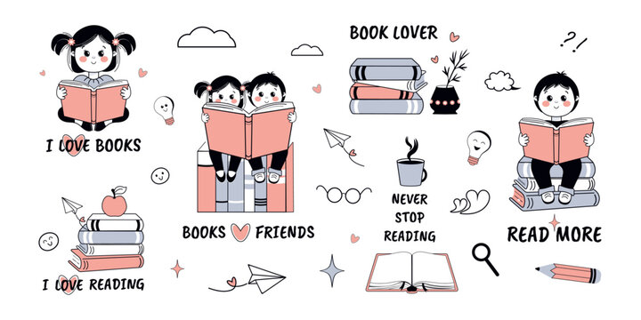 Fototapeta A set featuring stacks of books, children reading books, and inscriptions about the love of reading. Vector design 
