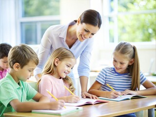A cheerful female teacher assists two focused young students, a boy and a girl, during a tutoring session in a bright classroom setting, enhancing their learning experience.