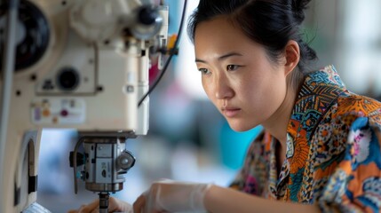 Focused Asian Woman Operating Precision Machinery in Industrial Environment. Generative ai