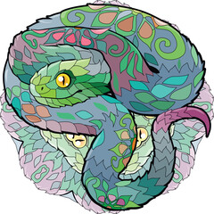 Zentangle snake on mandala. Hand drawn decorative vector illustration.