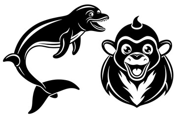 chimpanzee dolphin whale head icon silhouette vector illustration 