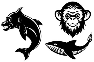 chimpanzee dolphin whale head icon silhouette vector illustration 