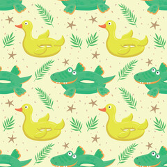 Seamless pattern with green inflatable crocodile and yellow duck. A float for the pool. Inflatable colorful crocodiles and a duck. A swimming circle. Vector template for your summer beach design