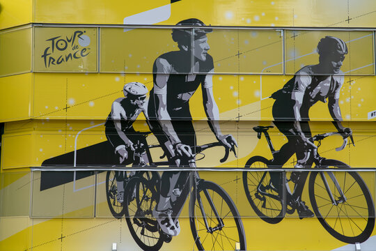 Tour of France, the colors and logo for all the French cities it passes through, with the colors of the yellow jersey, bicycles and cyclists racing. sports news, event. paris, france, 02 july 2025