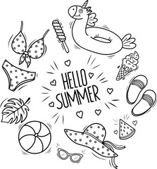 Hello Summer vector background template. Greeting Hello, summer with black and white beach elements in the form of a hat, ice cream, swimsuit, starfish, sunglasses, unicorn, slippers.Banner,background