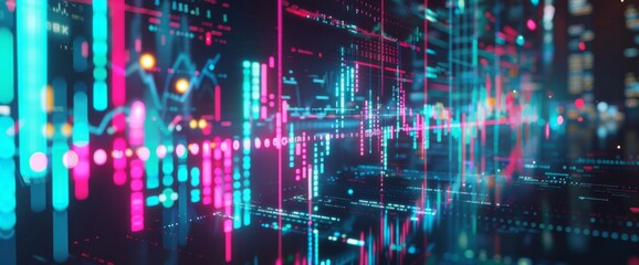Obraz premium Abstract image of financial data and stock market analysis with colorful graphs and charts, representing economic trends and market fluctuations.