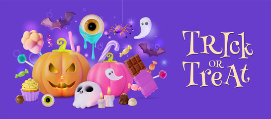 3d Happy Halloween Trick or Treat Concept Ads Banner Poster Card Template . Vector illustration of Different Candy and Pumpkin