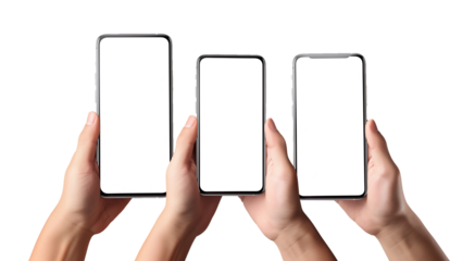 Mobile smart cell phone screen mockup set, Transparent background . smartphone display mock up template in hand with finger thumb tapping isolated on white background