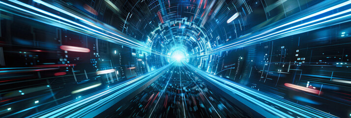 Obraz premium Bright central light in a high-tech data tunnel