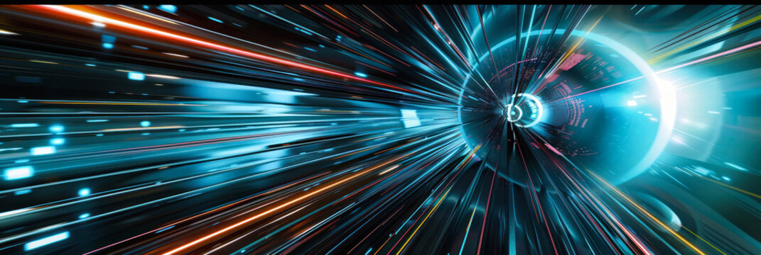 Futuristic light speed travel tunnel concept art