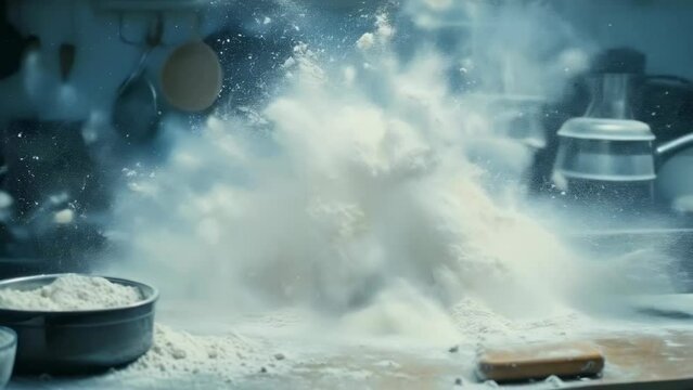A dramatic burst of flour erupts on a kitchen counter, surrounded by cooking tools. The scene is chaotic yet intriguing, emphasizing the energy of cooking. Evening setting, dim light.