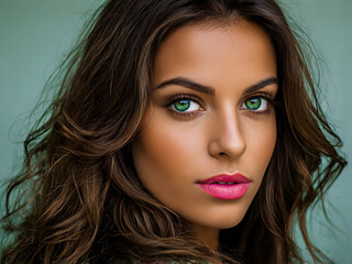 Close-up of brunette woman with green eyes and brown hair